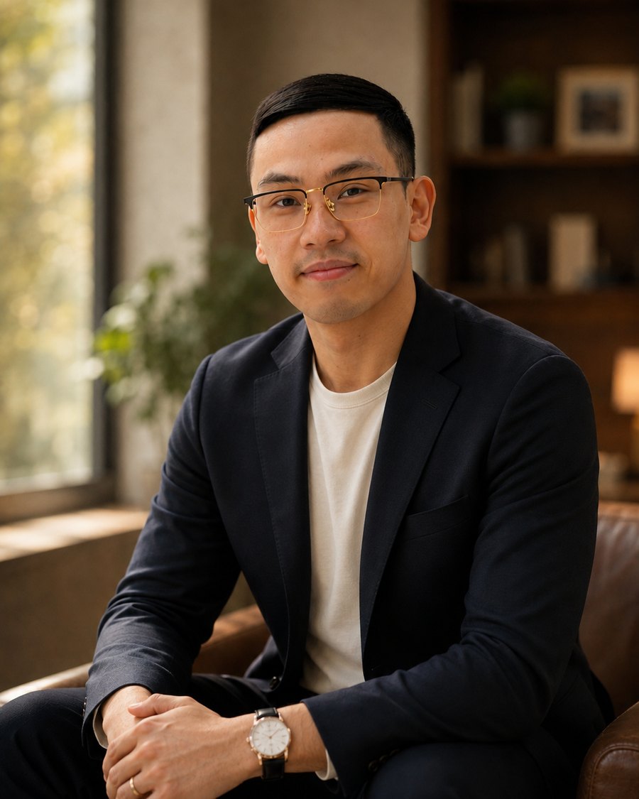 Trevor Lee, seated in an armchair by a window, wearing glasses and a navy blazer over a cream tee, hands clasped.