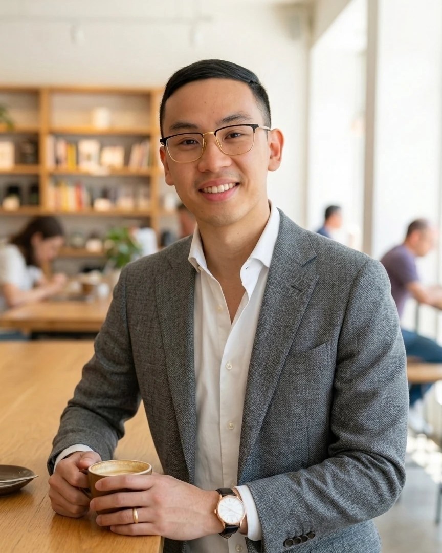 Trevor Lee, smiling, leaning on a wooden counter in a sunlit caf&eacute; with a coffee in both hands, wearing glasses, a grey jacket and an open-collar white shirt.